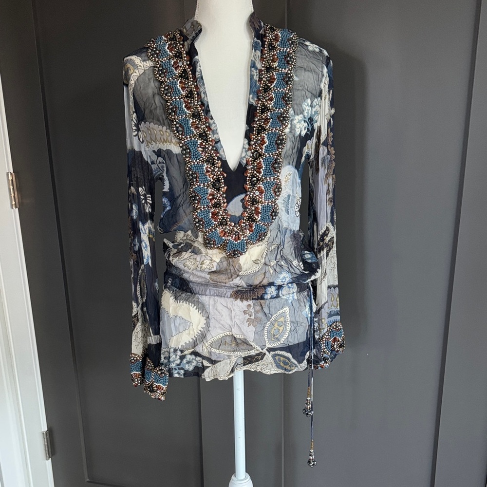 NWT Monique Leshman Beaded V-Neck Floral Print Tunic in Blue and Gray Sz P